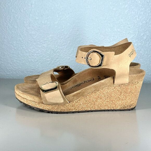 Papillio Birkenstock Sandals Solely Wedge Womens 38 / 7 Slingback Brown Leather - Picture 5 of 10